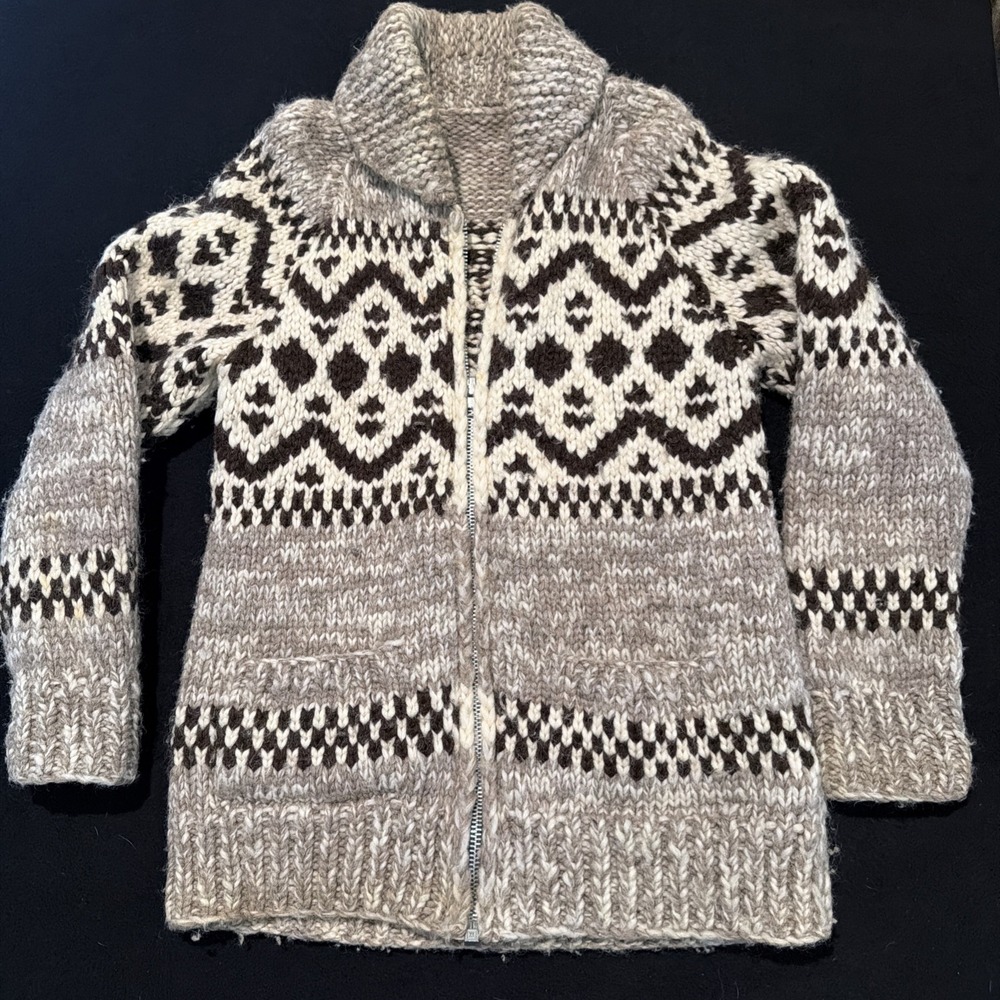 Tuak Cowichan Brown Woven Front Pocket Shawl Neck Wool Sweater Size Large
